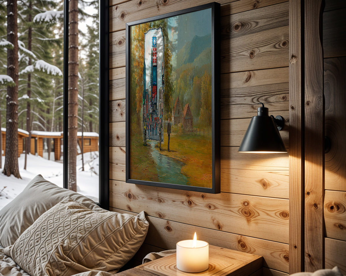 Neon Wilderness wall art in cabin interior