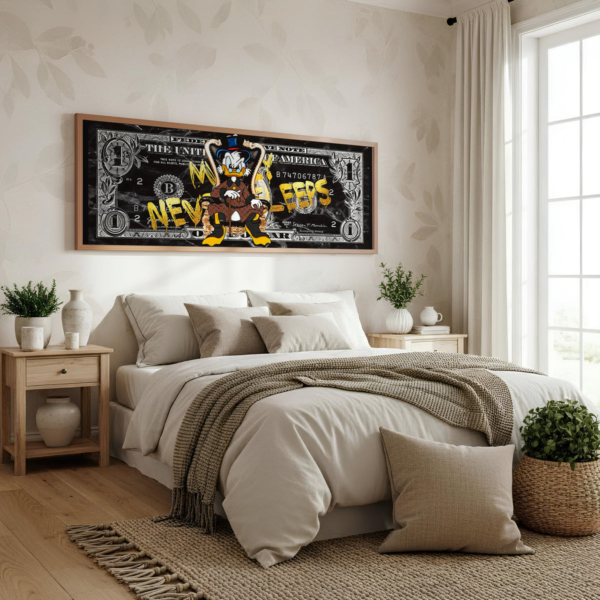 Never Broke panoramic wall art shown in a bedroom