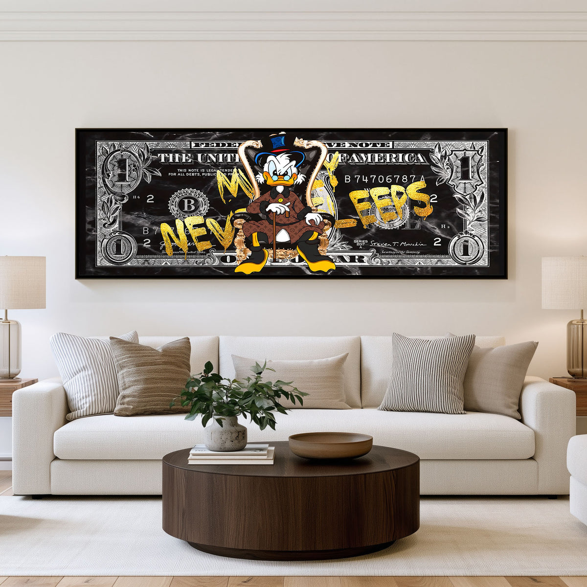 Never Broke panoramic wall art shown in a living room