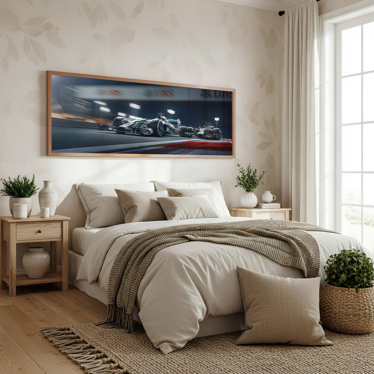 Night Grid panoramic racing wall art shown in a bedroom