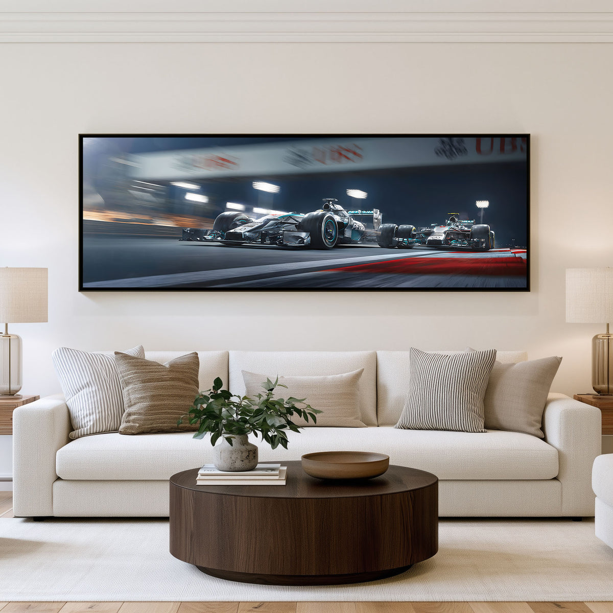 Night Grid panoramic racing wall art shown in a living room