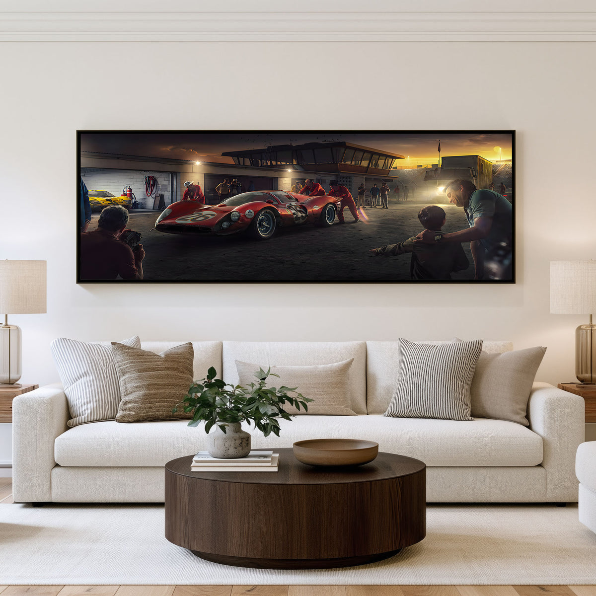 Night Pit Stop panoramic racing wall art shown in a living room