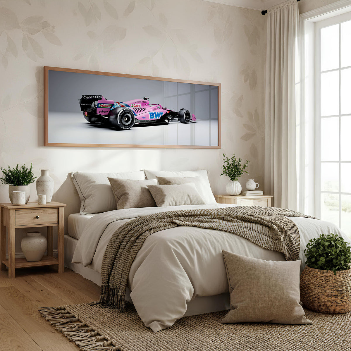 Night Race Panoramic Formula 1 Wall Art shown in a bedroom
