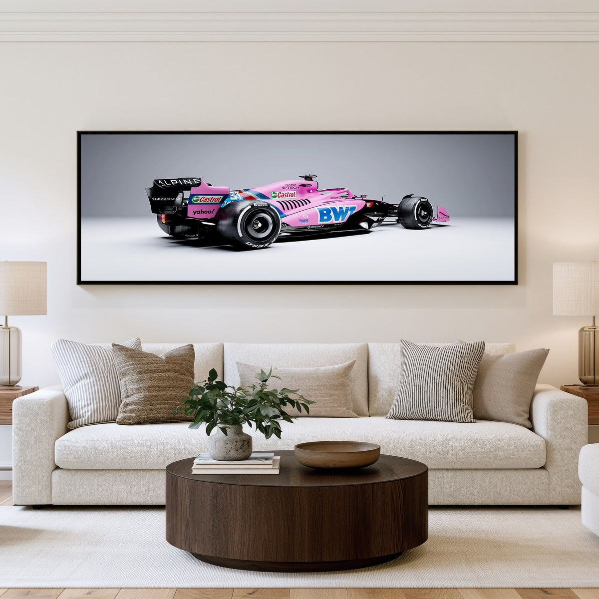 Night Race Panoramic Formula 1 Wall Art shown in a living room