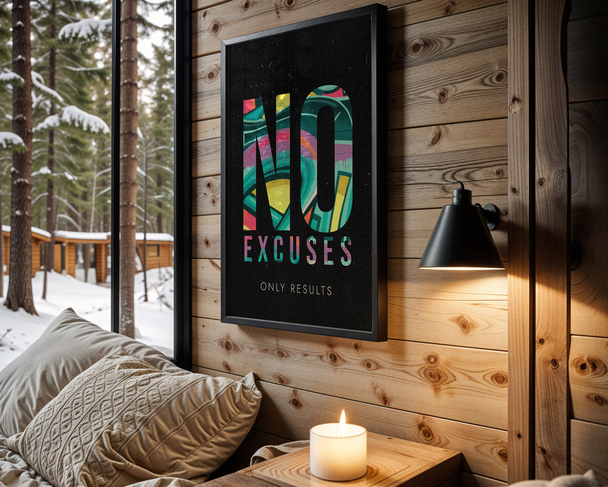 No Excuses, Only Results motivational wall art – main room view