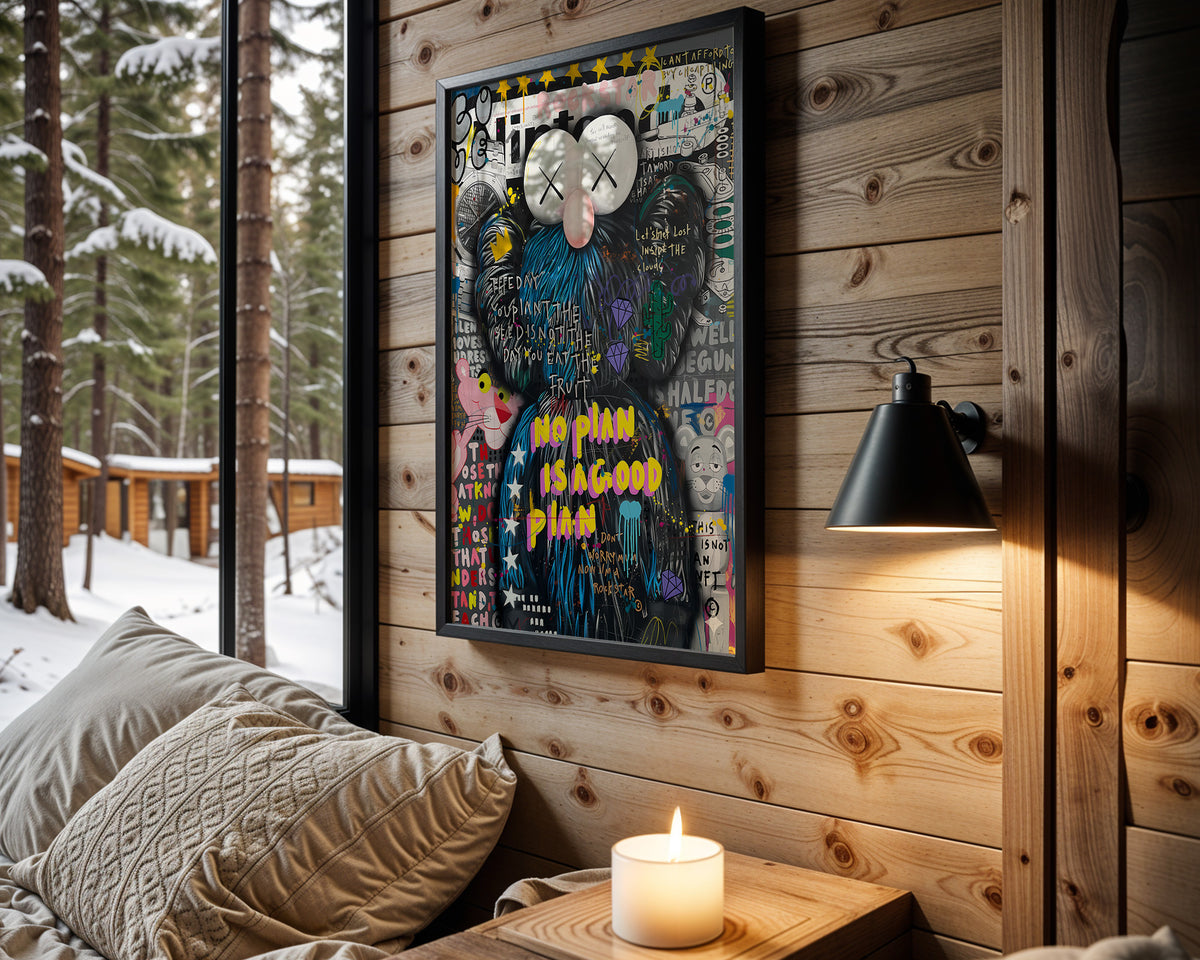 No Pain, No Plan wall art in cabin interior