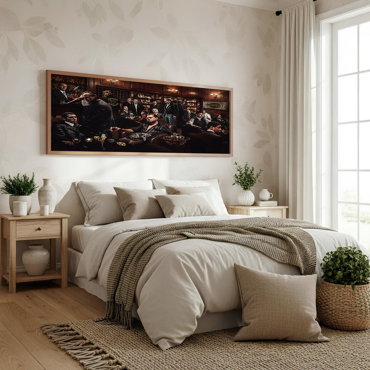 Nocturne Bar Legends Panoramic Wall Art shown in a bedroom