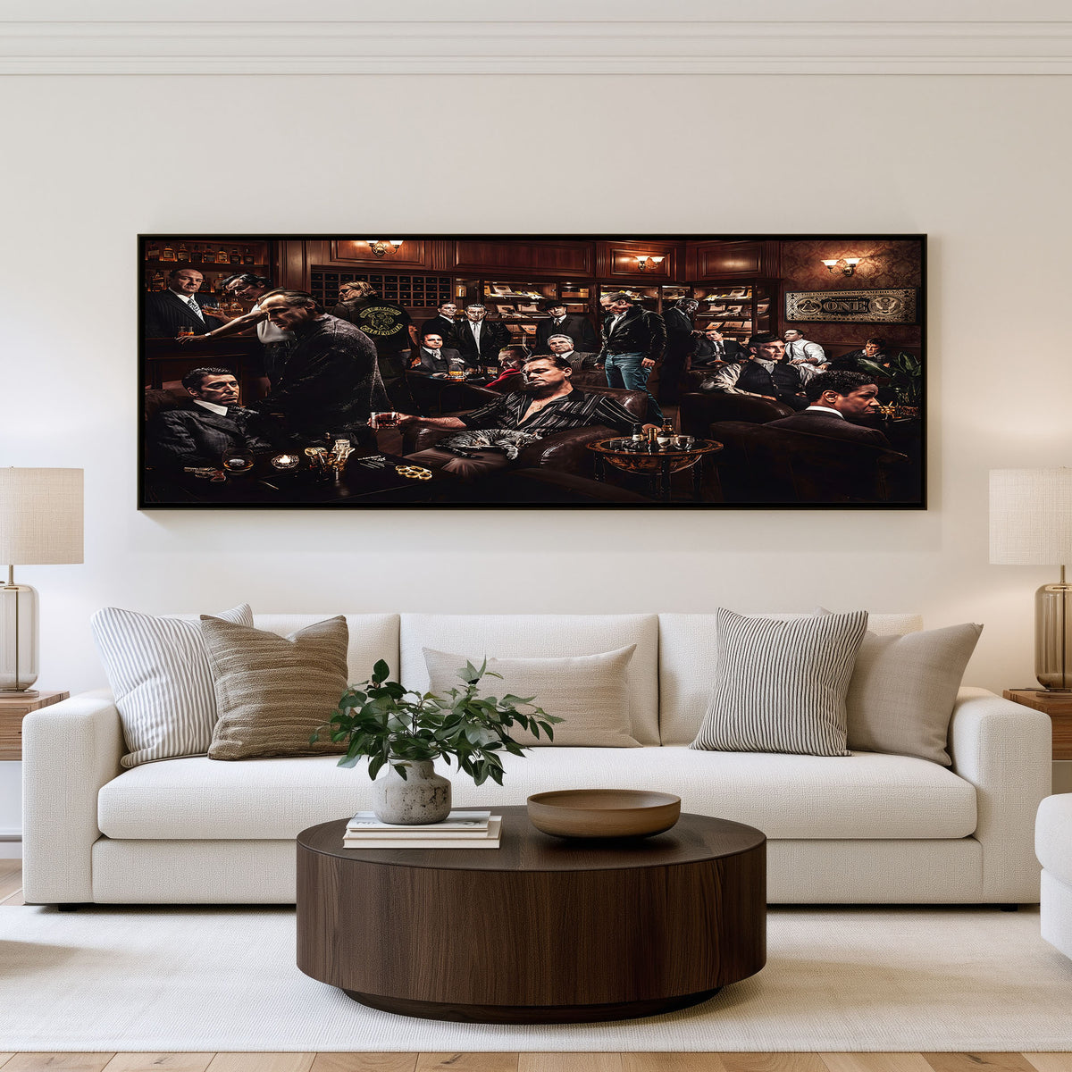 Nocturne Bar Legends Panoramic Wall Art shown in a living room