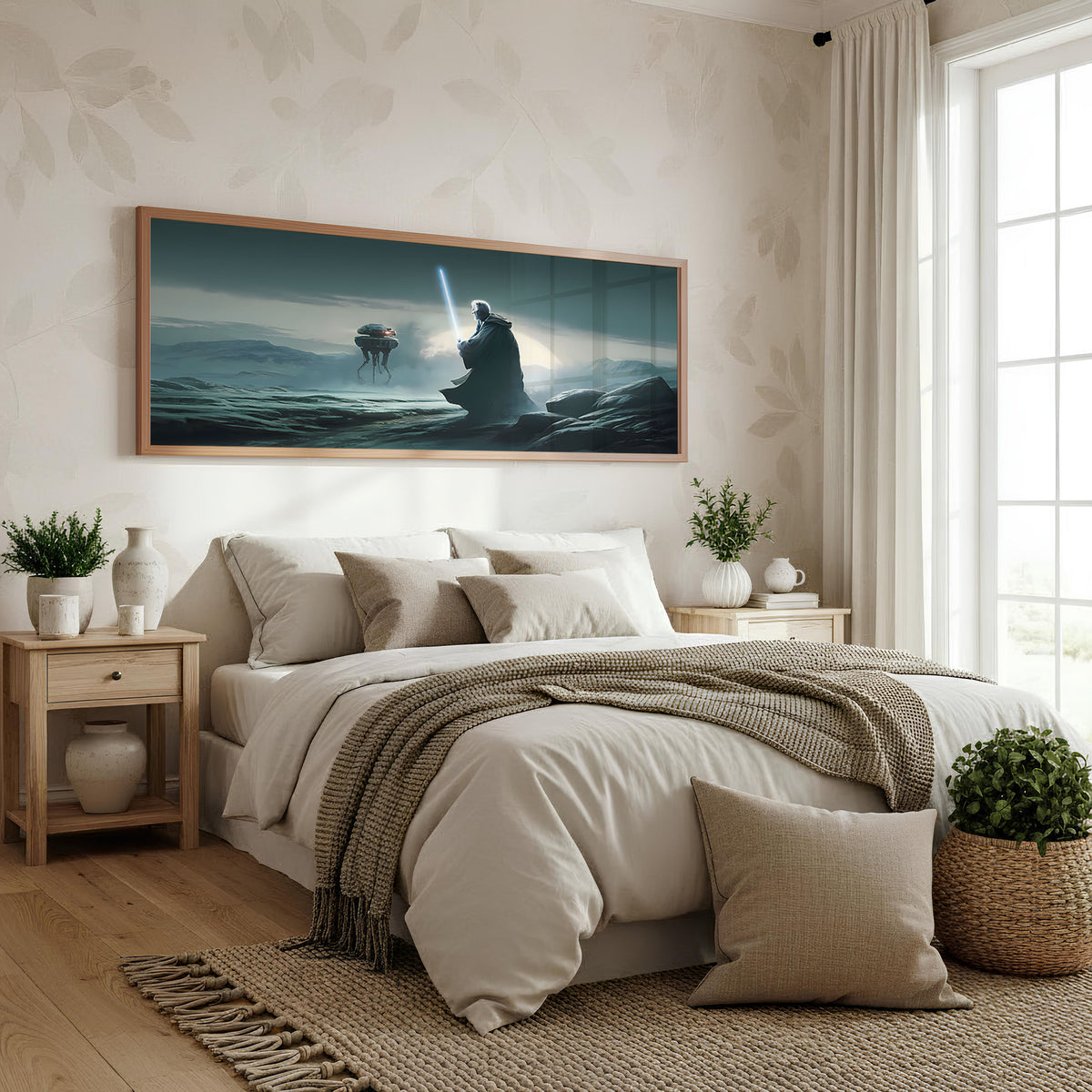 Ocean Sentinel Panoramic Wall Art shown in a bedroom
