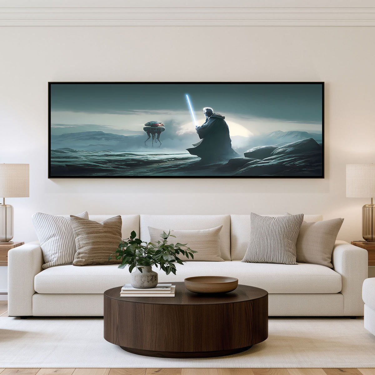 Ocean Sentinel Panoramic Wall Art shown in a living room