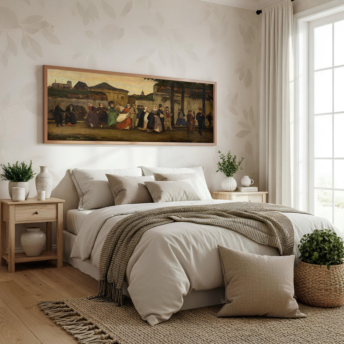 Old World Procession Panoramic Wall Art shown in a bedroom