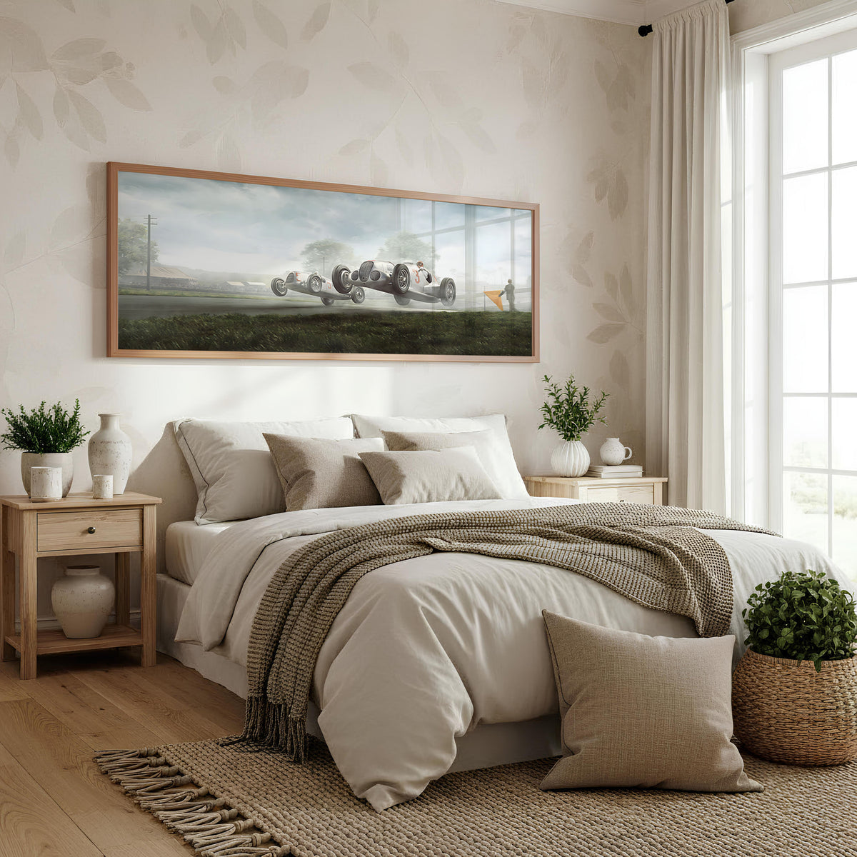 Open Road Velocity panoramic wall art shown in a bedroom