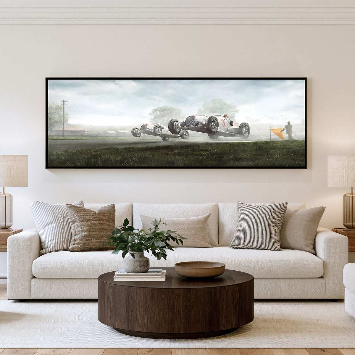 Open Road Velocity panoramic wall art shown in a living room