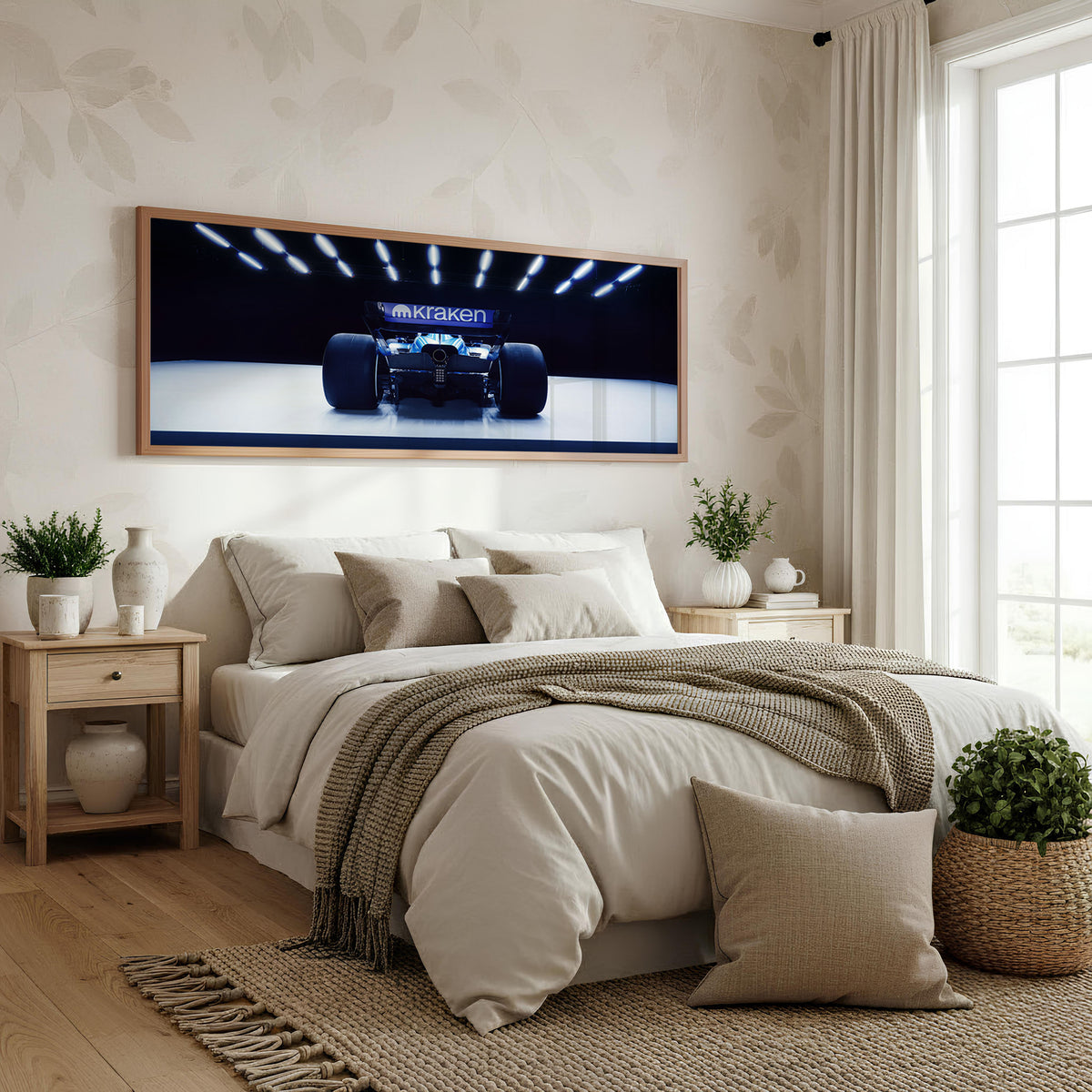 Overcut Panoramic Formula 1 Wall Art shown in a bedroom