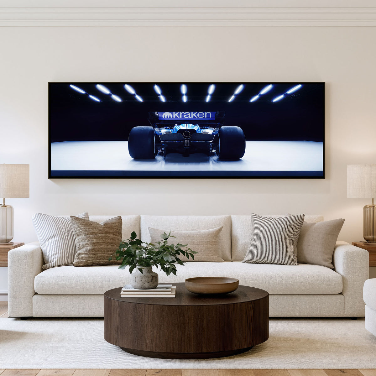 Overcut Panoramic Formula 1 Wall Art shown in a living room