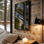 Overhead sneaker wall art in cabin interior