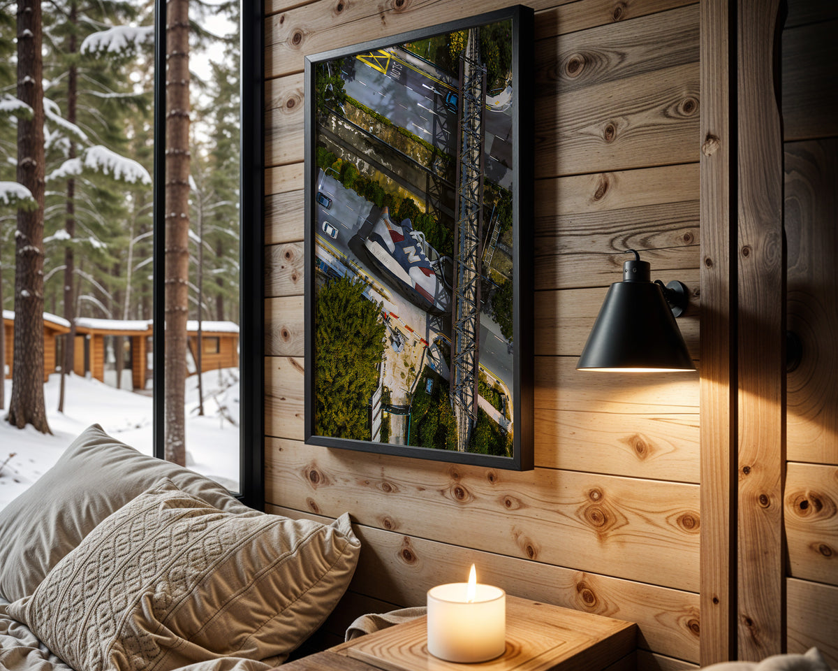 Overhead sneaker wall art in cabin interior