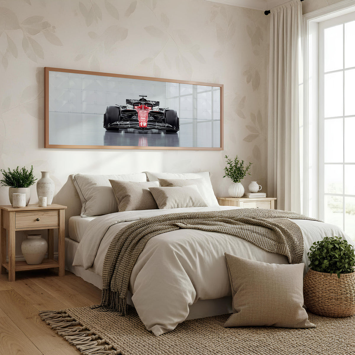Paddock Panoramic Formula 1 Wall Art shown in a bedroom