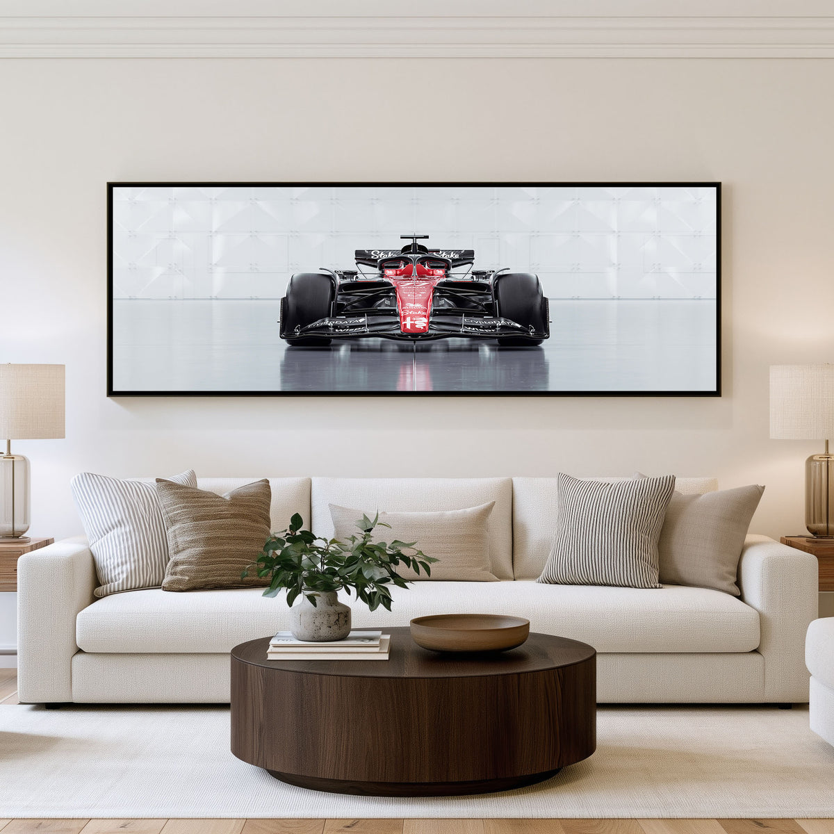 Paddock Panoramic Formula 1 Wall Art shown in a living room
