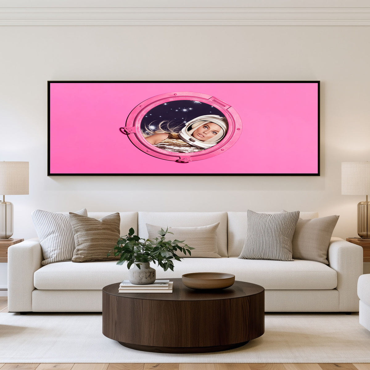 Pink Orbit Panoramic Wall Art shown in a living room