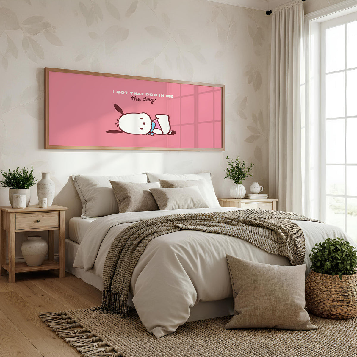 Pochacco Pink Nap Panoramic Wall Art shown in a bedroom