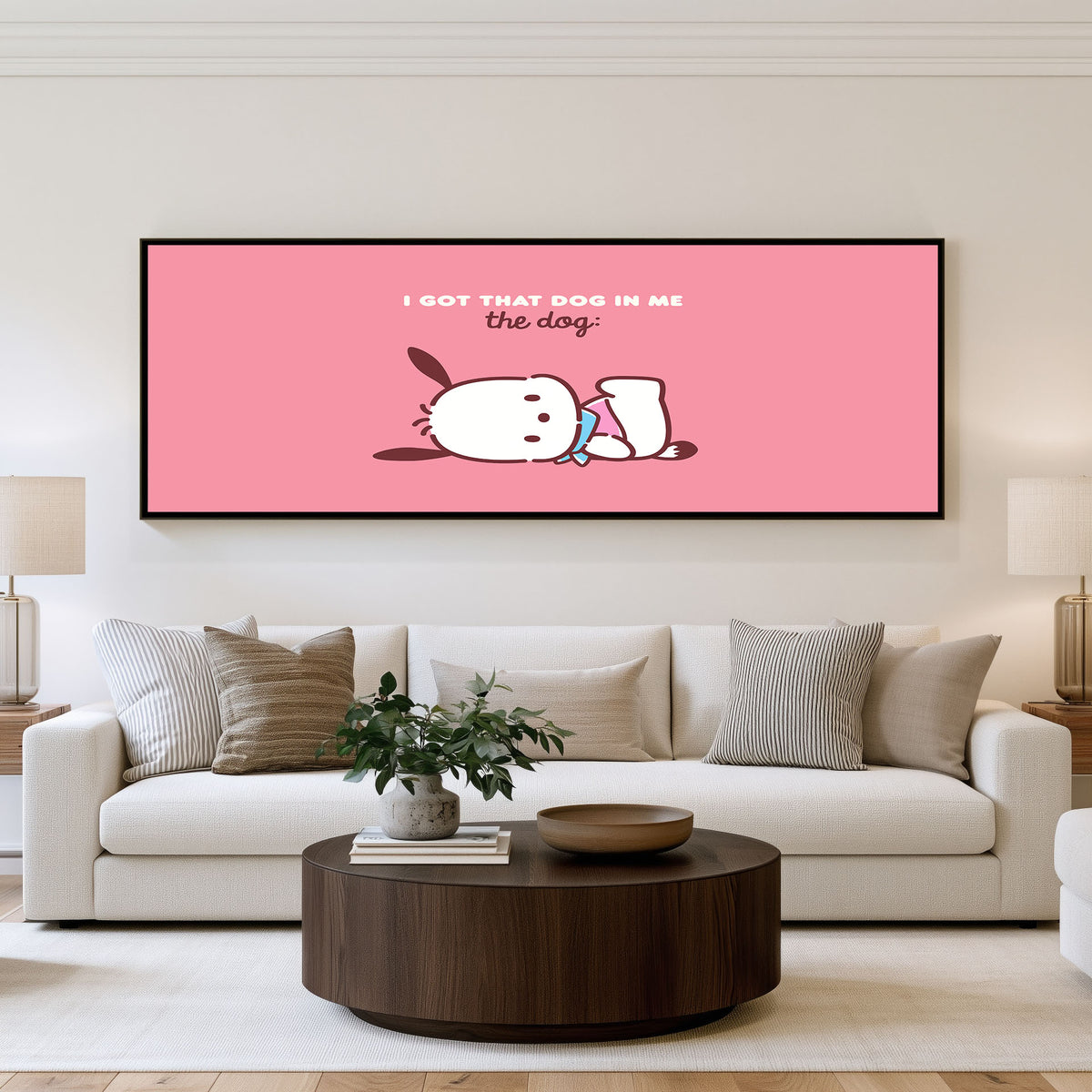 Pochacco Pink Nap Panoramic Wall Art shown in a living room