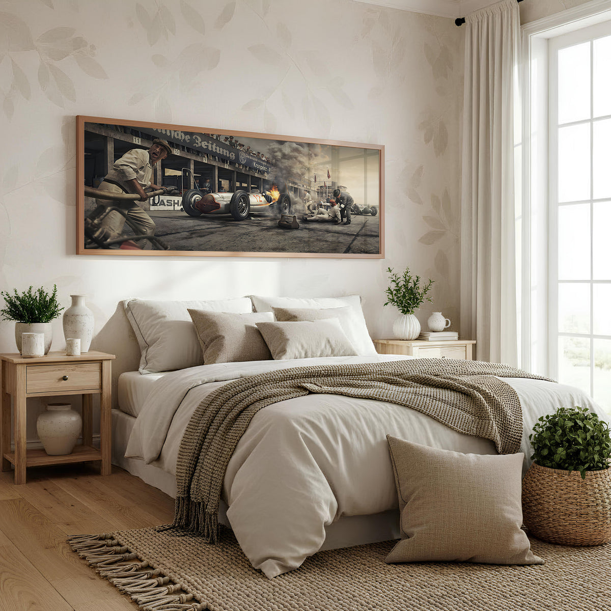 Pit Lane Legends panoramic racing wall art shown in a bedroom