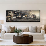 Pit Lane Legends panoramic racing wall art shown in a living room