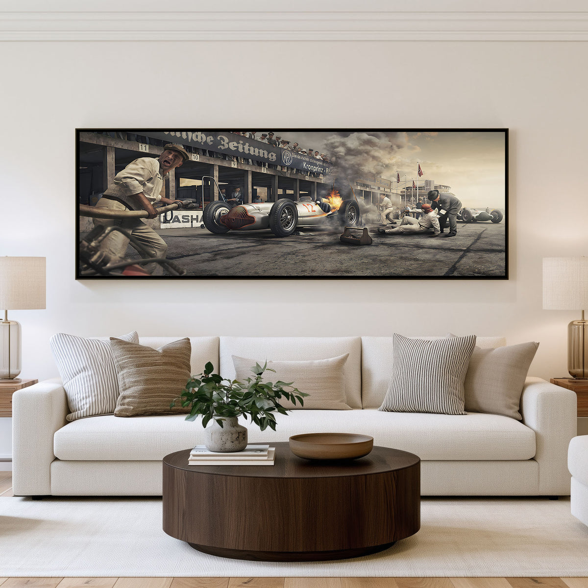Pit Lane Legends panoramic racing wall art shown in a living room