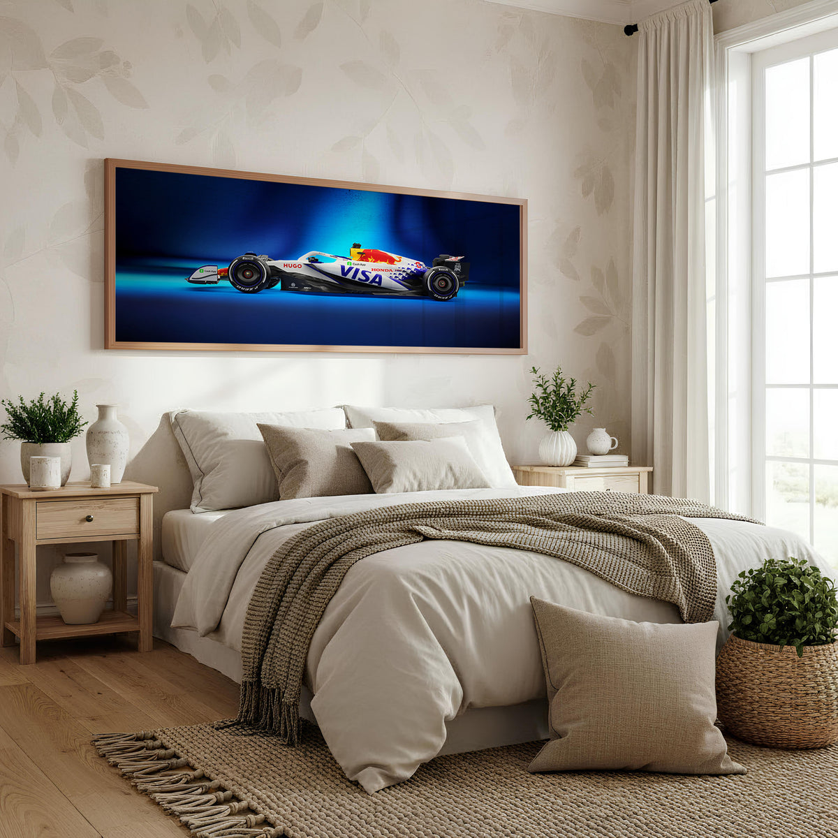 Pit Wall Panoramic Formula 1 Wall Art shown in a bedroom