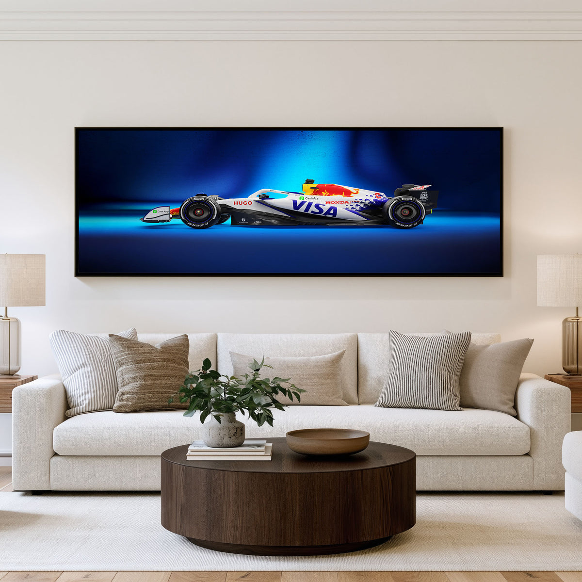 Pit Wall Panoramic Formula 1 Wall Art shown in a living room