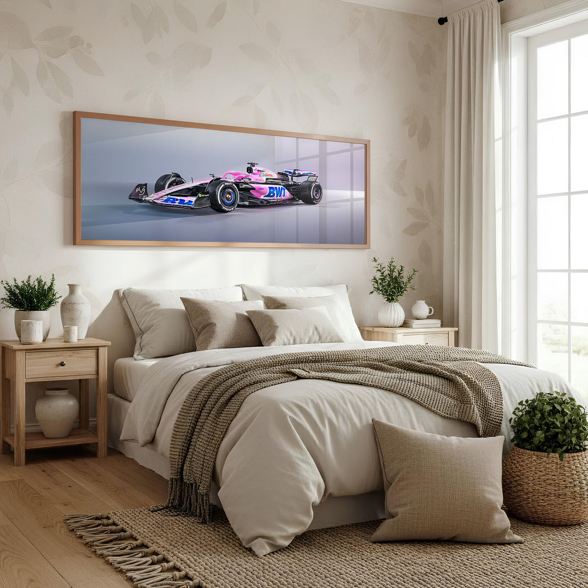 Pitlane Panoramic Formula 1 Wall Art shown in a bedroom