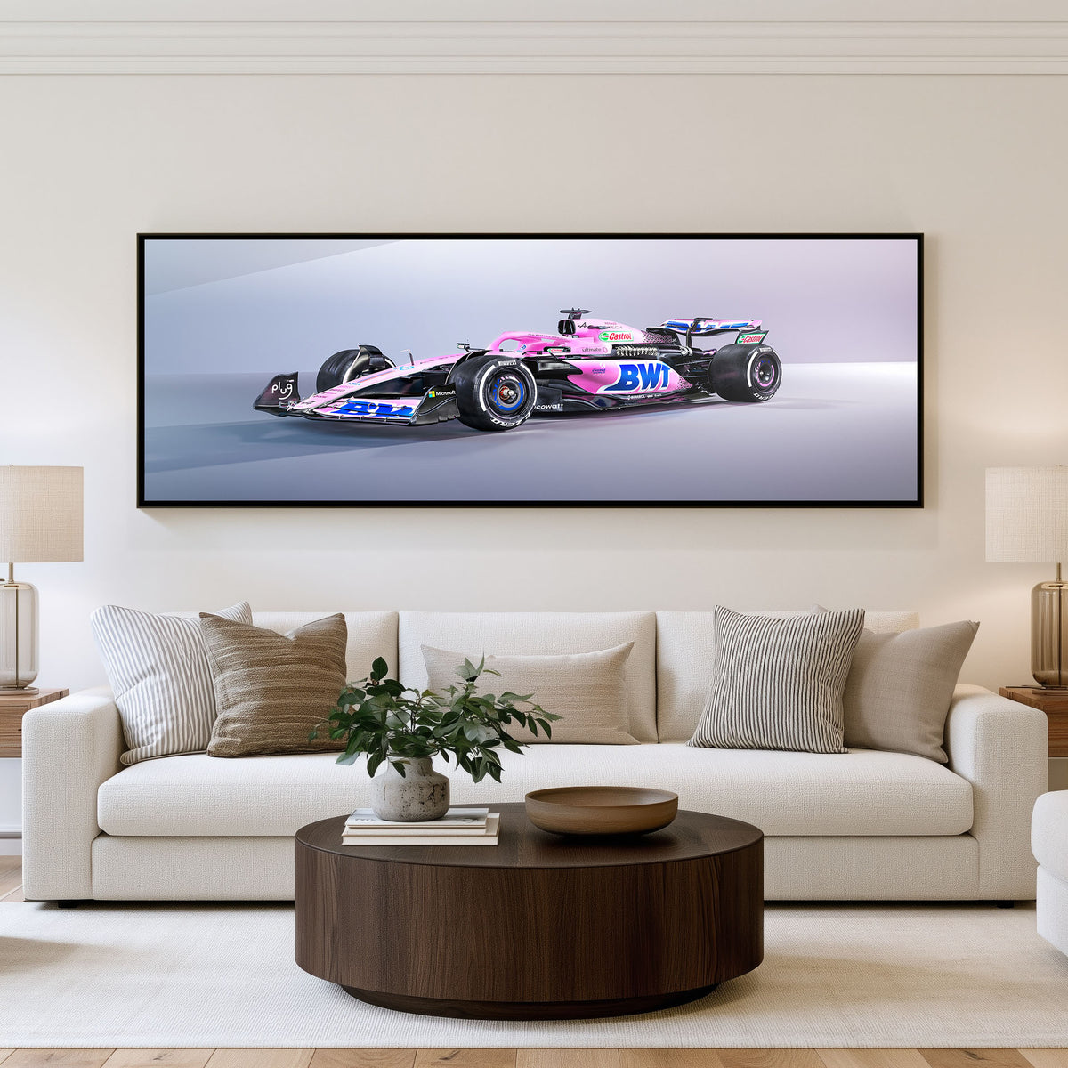 Pitlane Panoramic Formula 1 Wall Art shown in a living room