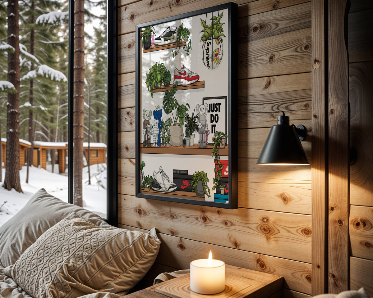 Plant & Sole sneaker wall art in cabin interior