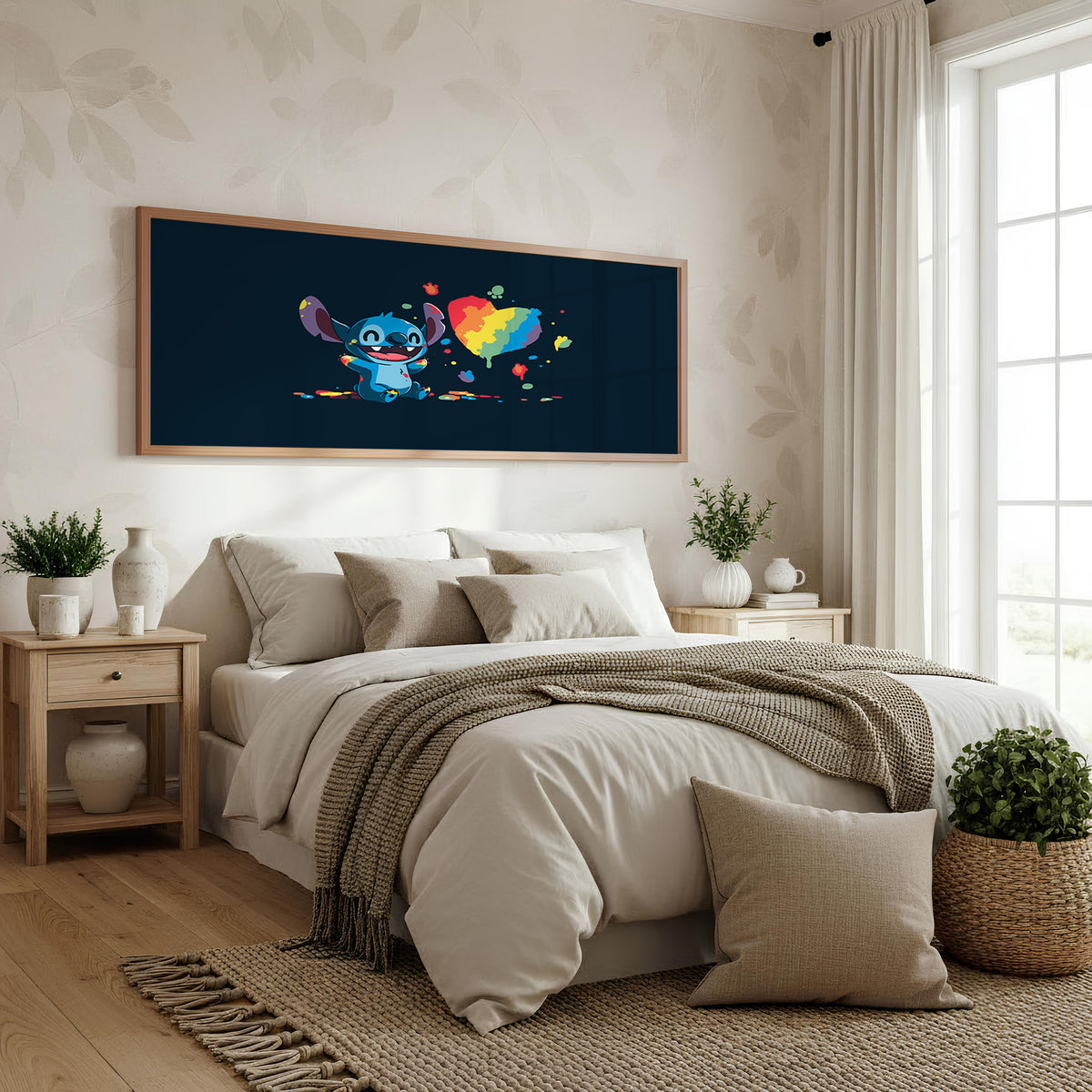 Stitch Colour Splash Panoramic Wall Art shown in a bedroom