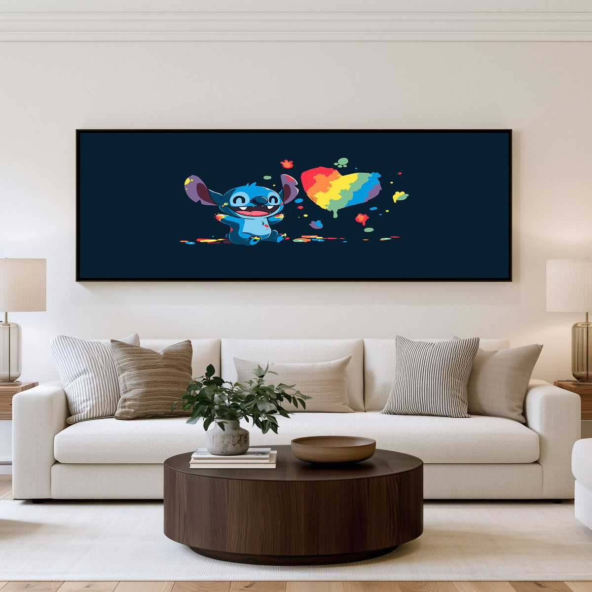 Stitch Colour Splash Panoramic Wall Art shown in a living room