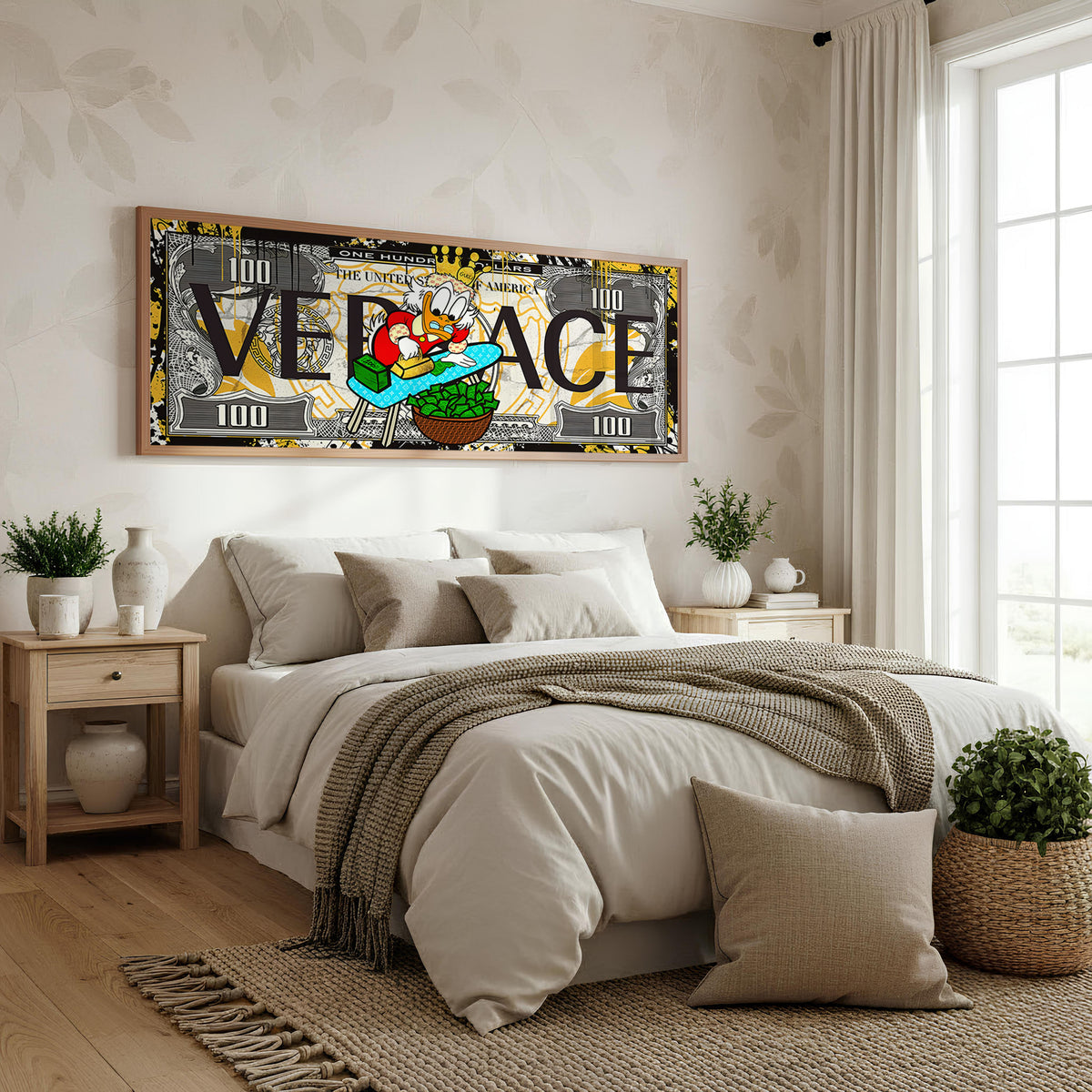 Pop Cash panoramic wall art shown in a bedroom