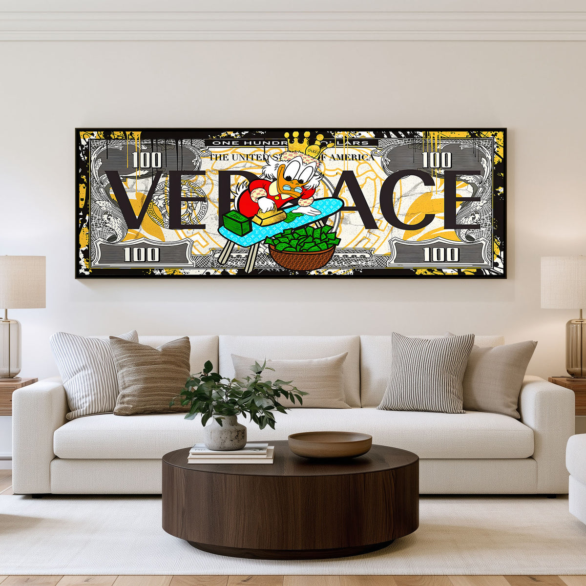 Pop Cash panoramic wall art shown in a living room