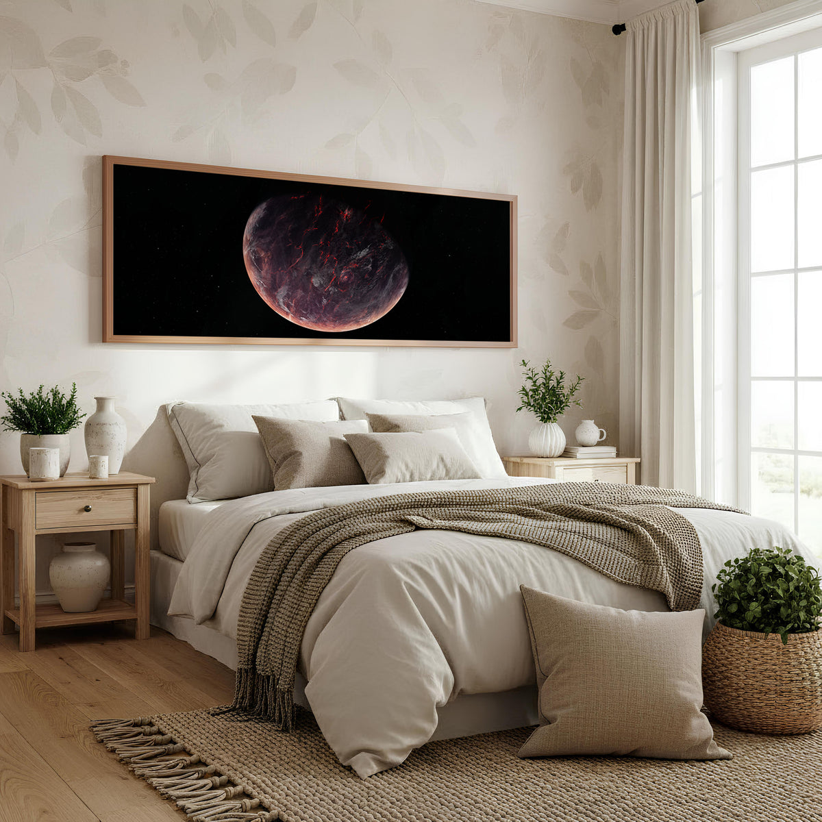 Violet Planet Panoramic Wall Art shown in a bedroom