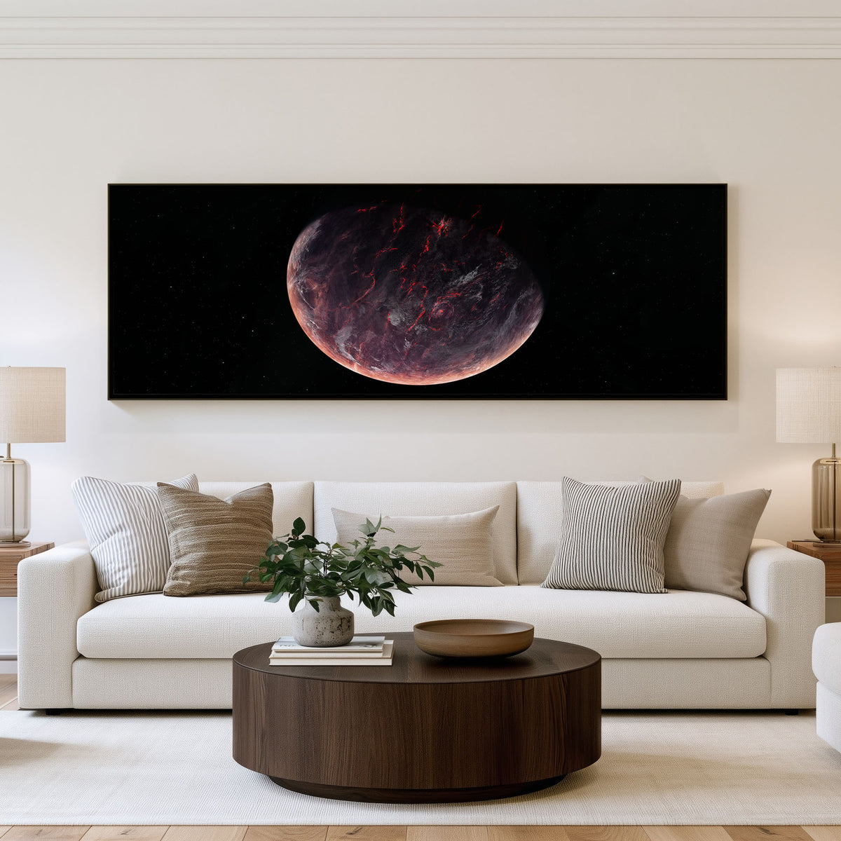 Violet Planet Panoramic Wall Art shown in a living room