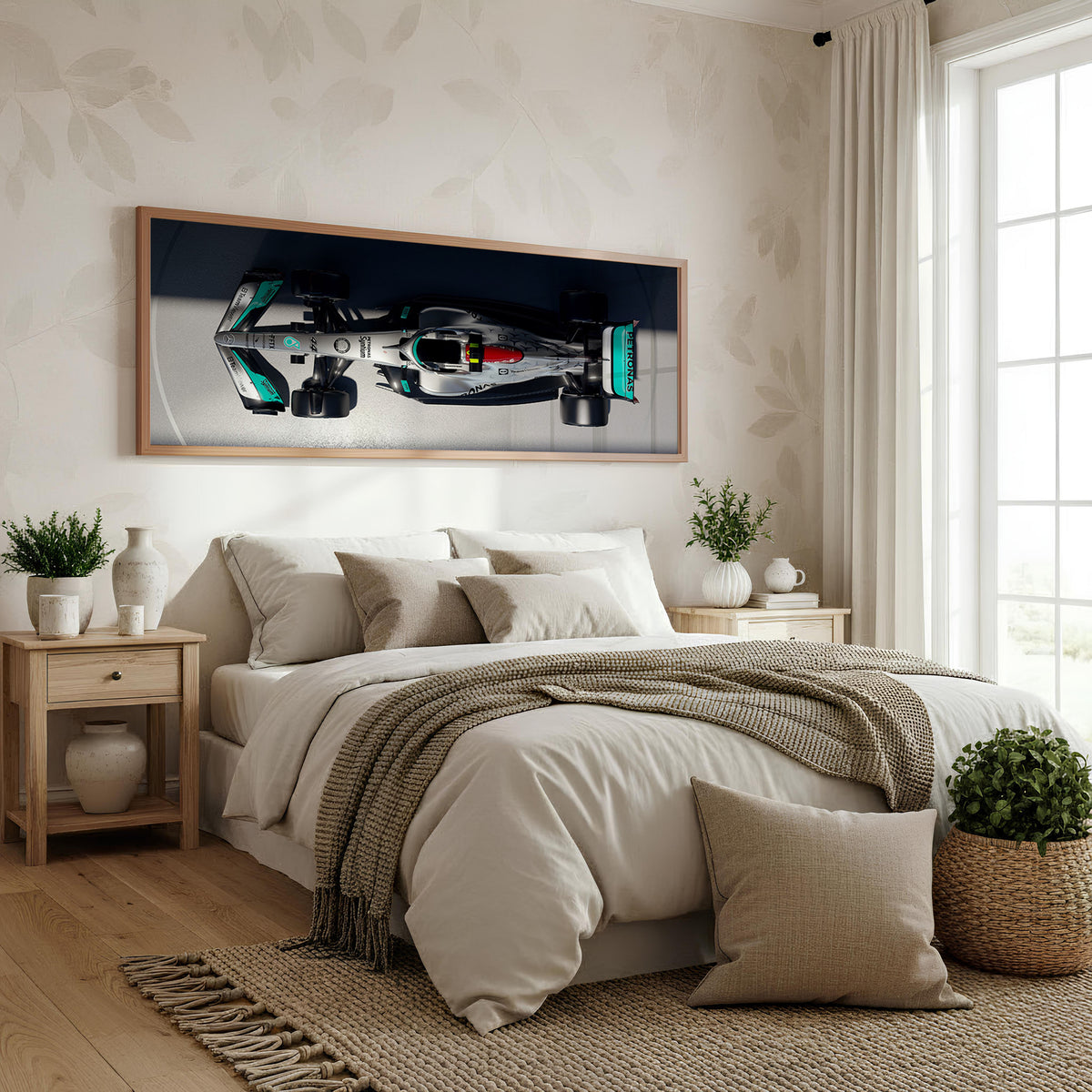 Qualifying Panoramic Formula 1 Wall Art shown in a bedroom
