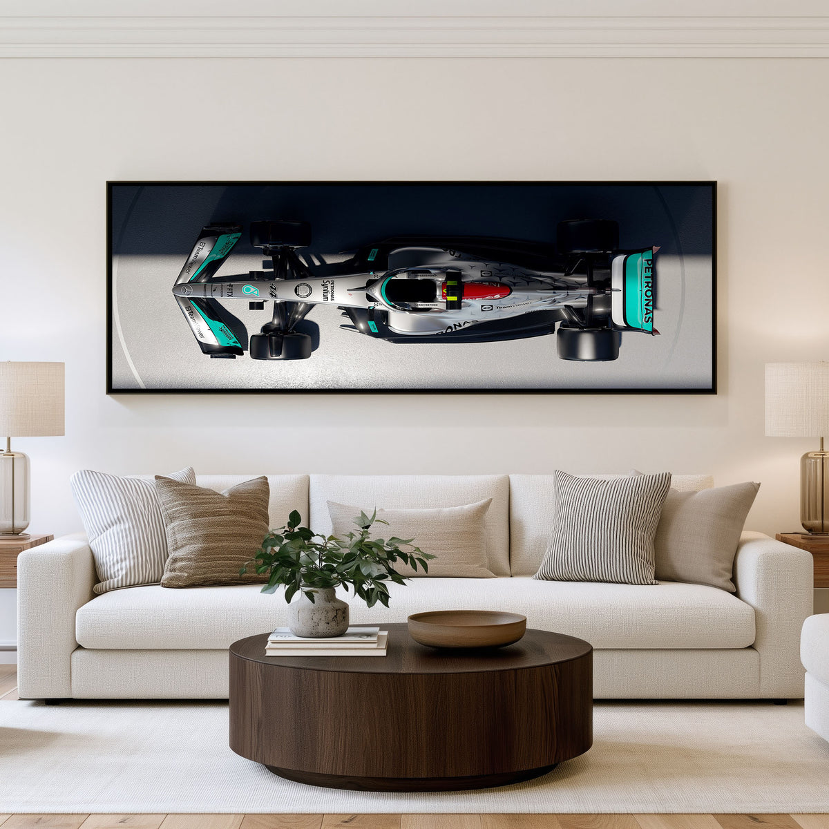 Qualifying Panoramic Formula 1 Wall Art shown in a living room