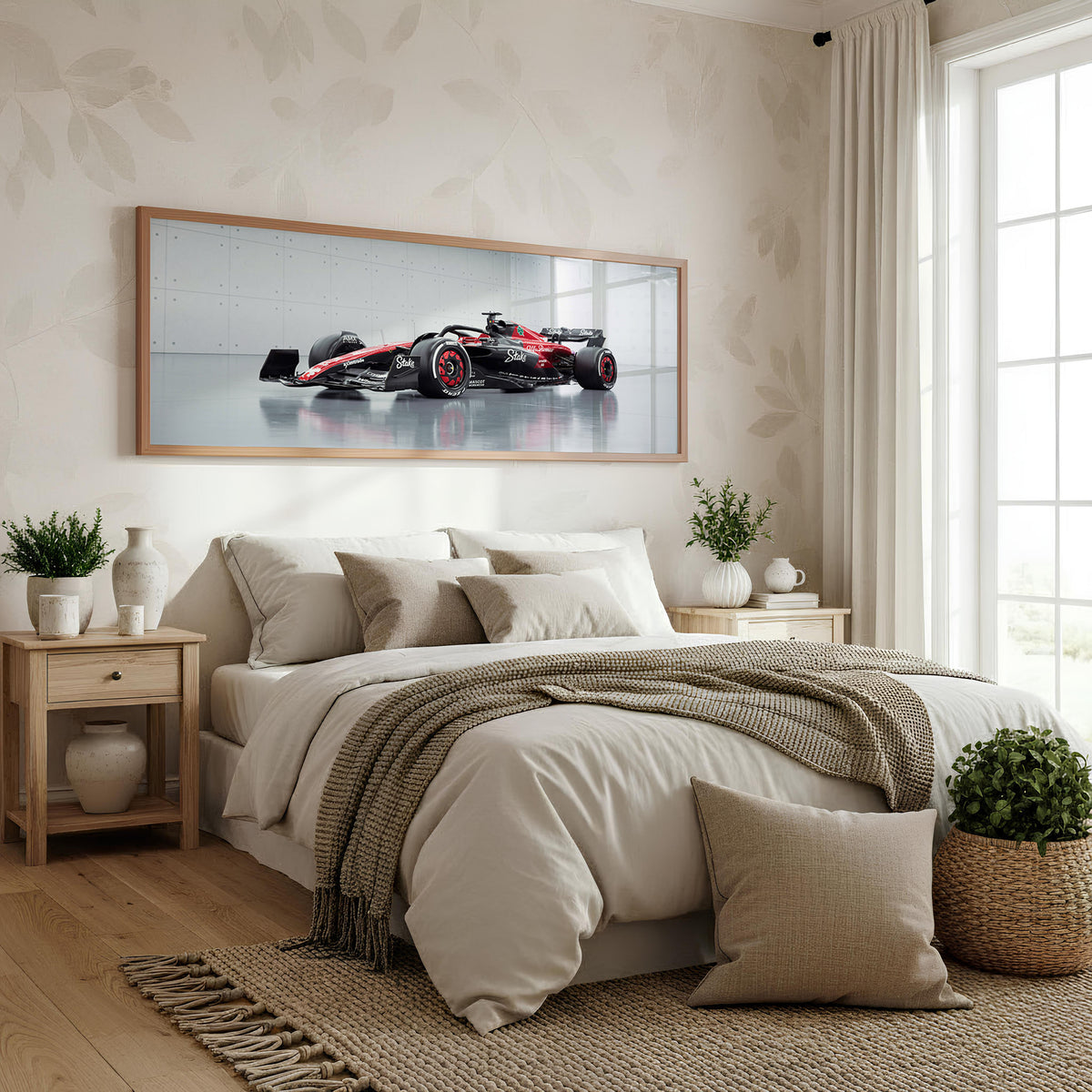 Race Day Panoramic Formula 1 Wall Art shown in a bedroom