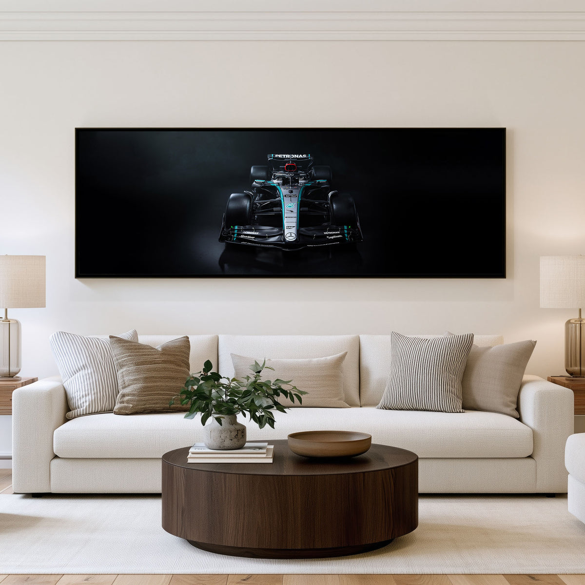 Race Night Panoramic Formula 1 Wall Art shown in a living room