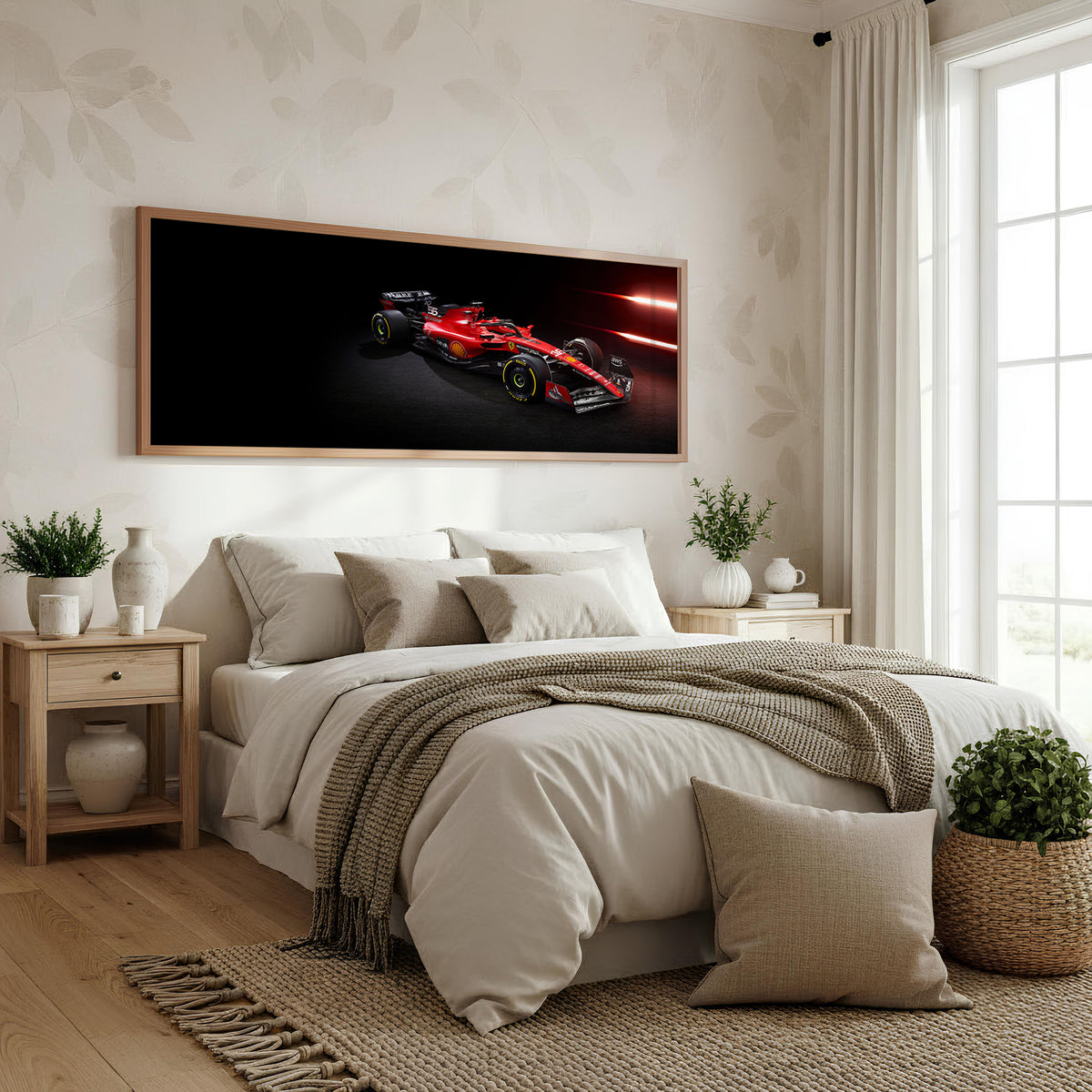 Race Pace Panoramic Formula 1 Wall Art shown in a bedroom