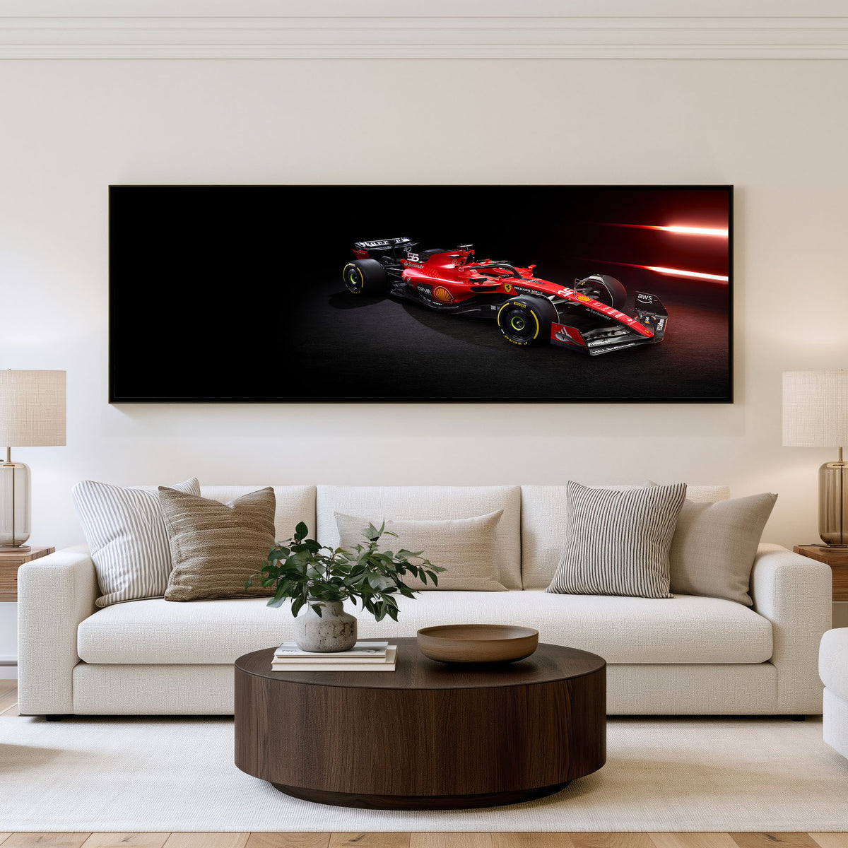 Race Pace Panoramic Formula 1 Wall Art shown in a living room