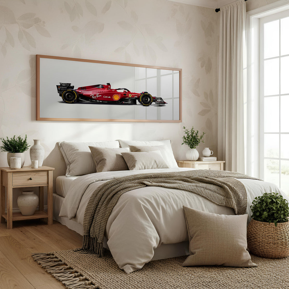 Racecraft Panoramic Formula 1 Wall Art shown in a bedroom