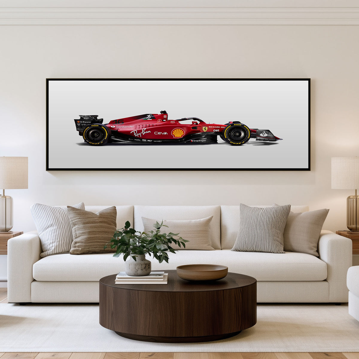 Racecraft Panoramic Formula 1 Wall Art shown in a living room