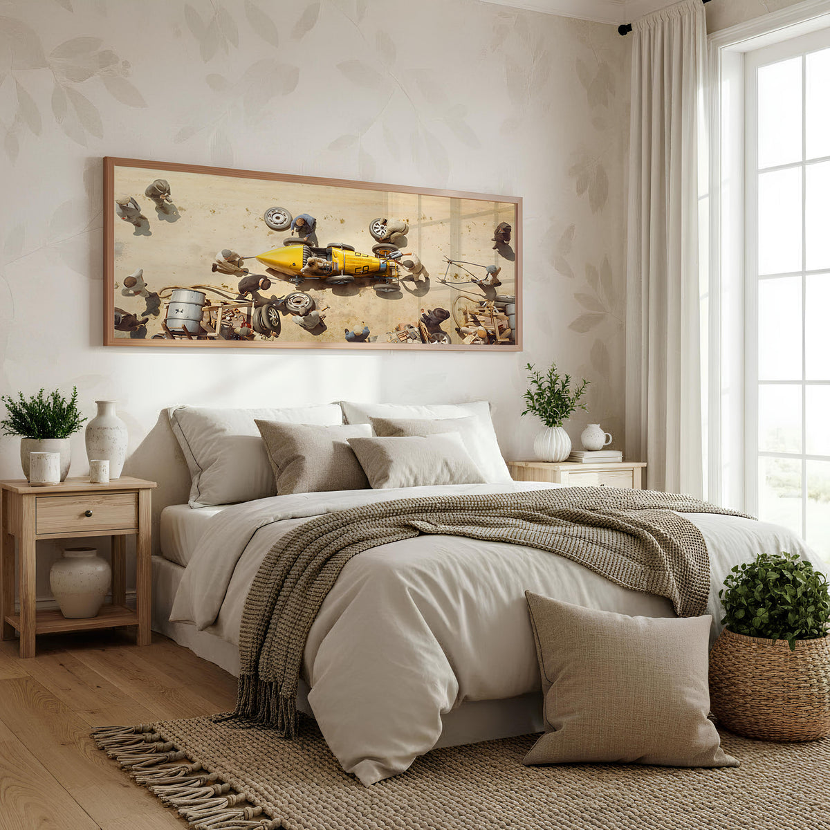Minions Racing Chaos Panoramic Wall Art shown in a bedroom