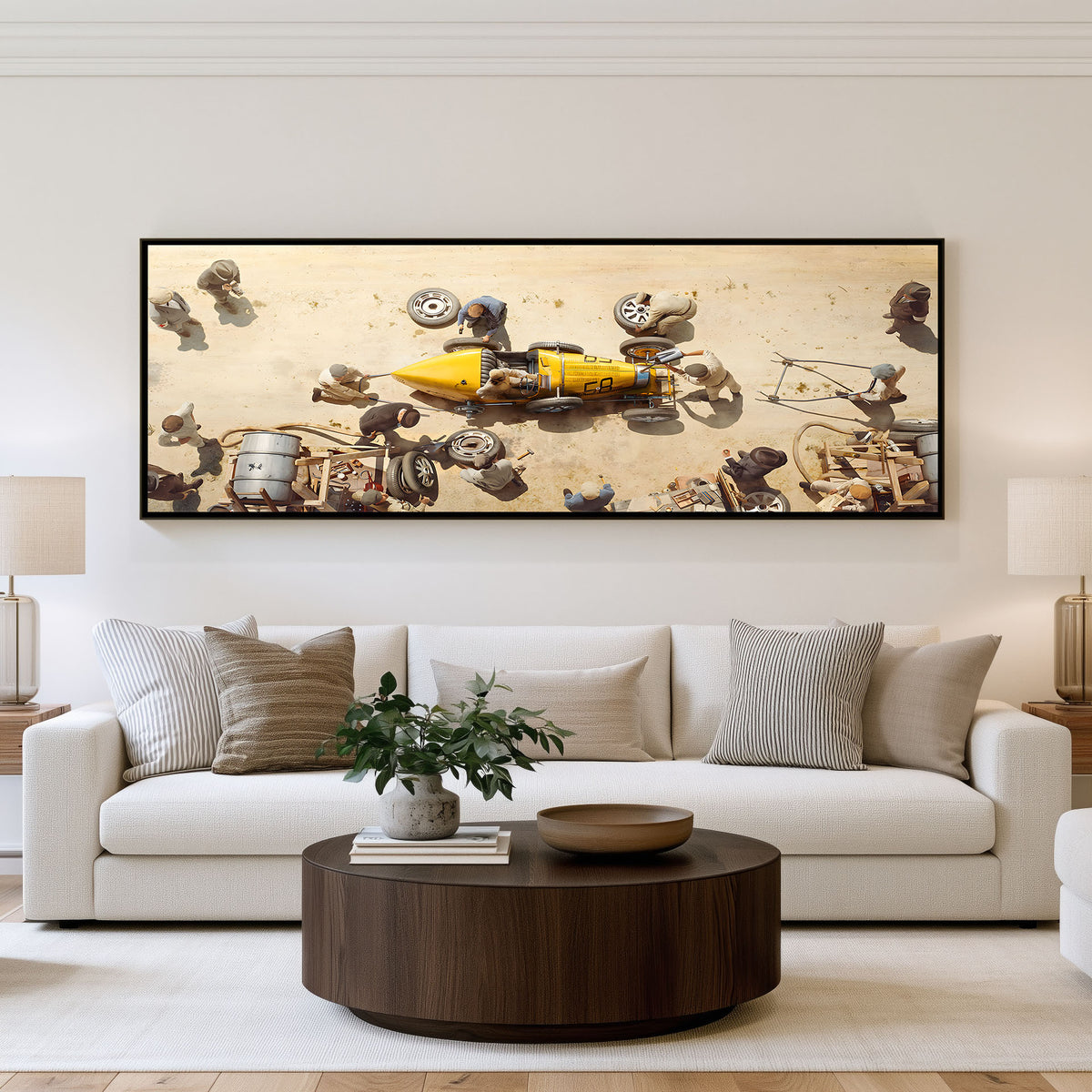 Minions Racing Chaos Panoramic Wall Art shown in a living room